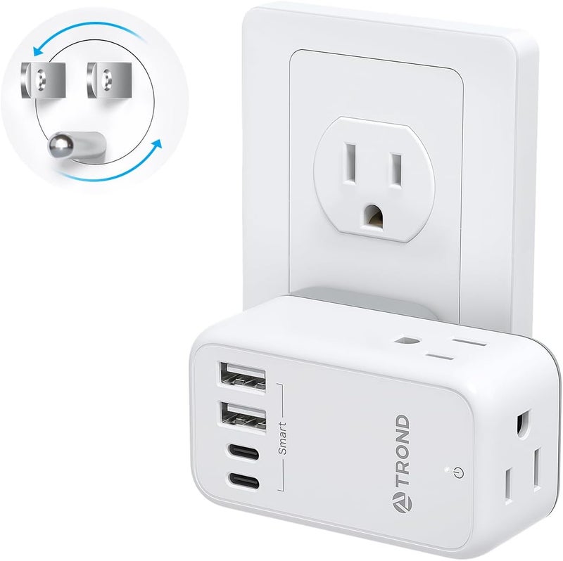 TROND Outlet Splitter with 360 Rotating Plug, 3 AC Plug Extender with 2 USB-C & 2 USB-A Ports, Additional Outlets Off to Side, Useful Adapter with Rotating Design for Home Travel Cruise Essentials - Image 1